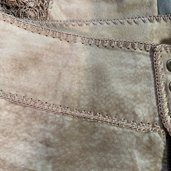 Cache Suede Pants with Hand Crochet Peekaboo Insert at Bottom Camel Tan Sz 2 - Picture 11 of 14